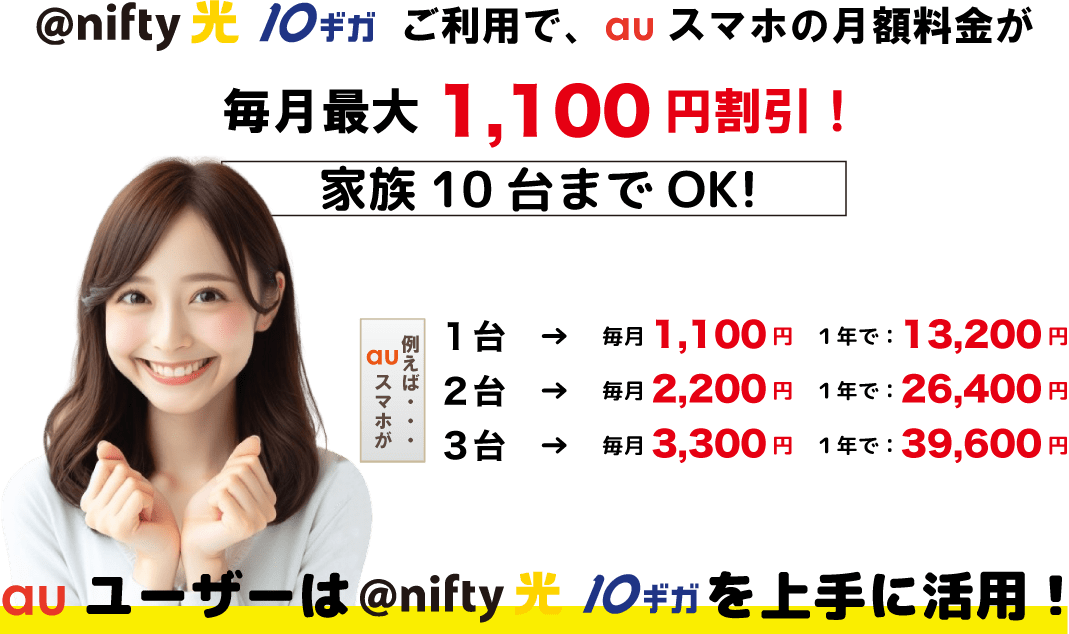 @nifty光ご利用で、auスマホの月額料金が毎月最大1,100円割引！